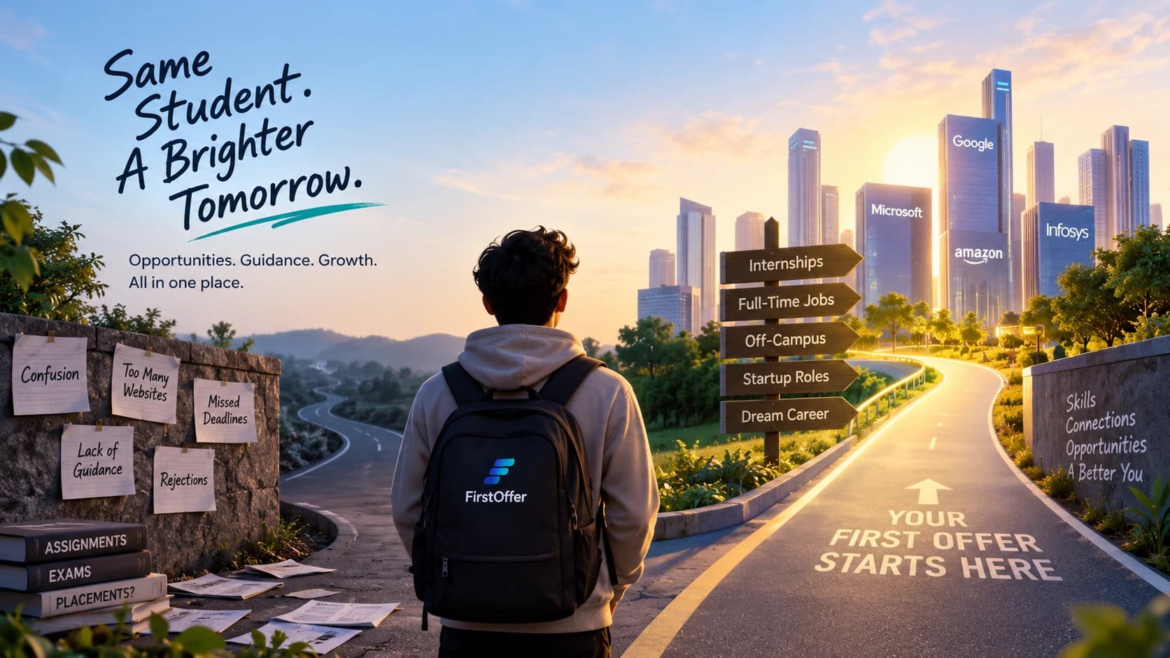 Students navigating fresh opportunities towards sunrise skyline with FirstOffer